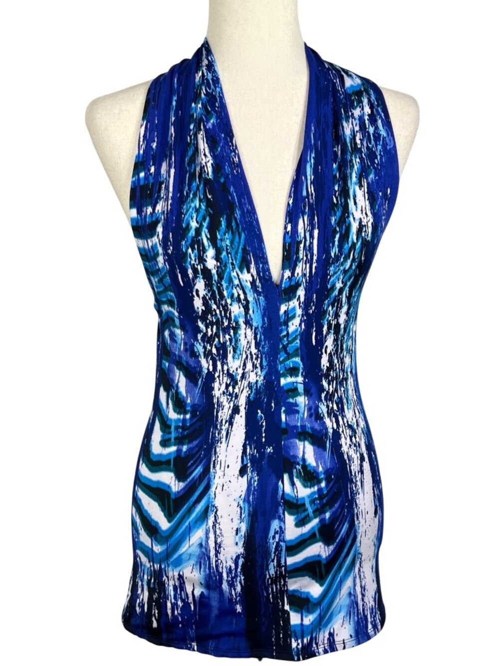 JULIAN CHANG Plunging V-Neck Tunic Top Marine Blue Sz 2 EUC
